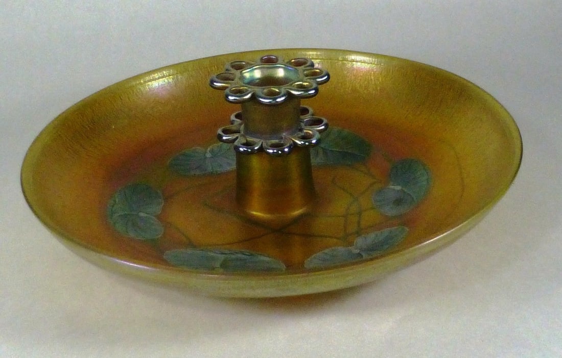 Tiffany Favrile Iridescent Gold Bowl with Wheel Carved Frog (1 of 3)