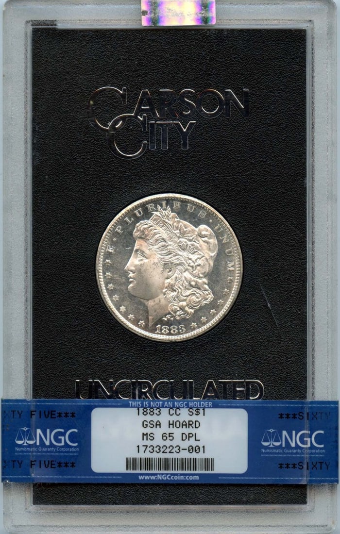 1883-CC Morgan Dollar GSA HOARD NGC MS65 DMPL Uncirculated: 1883-CC Morgan Dollar GSA HOARD NGC MS65 DMPL Uncirculated This exquisite 1883-CC Morgan Dollar is part of the GSA Hoard and has been certified by NGC with a remarkable grade of MS65 DMPL, indicating