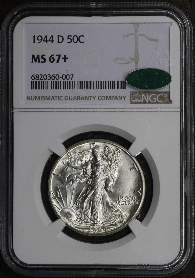1944-D Walking Liberty Half Dollar MS67+ CAC NGC Superb Gem: 1944-D Walking Liberty Half Dollar MS67+ CAC NGC Superb Gem This 1944-D Walking Liberty Half Dollar is a stunning example of numismatic artistry, graded MS67+ by NGC with a CAC certification, ensuring