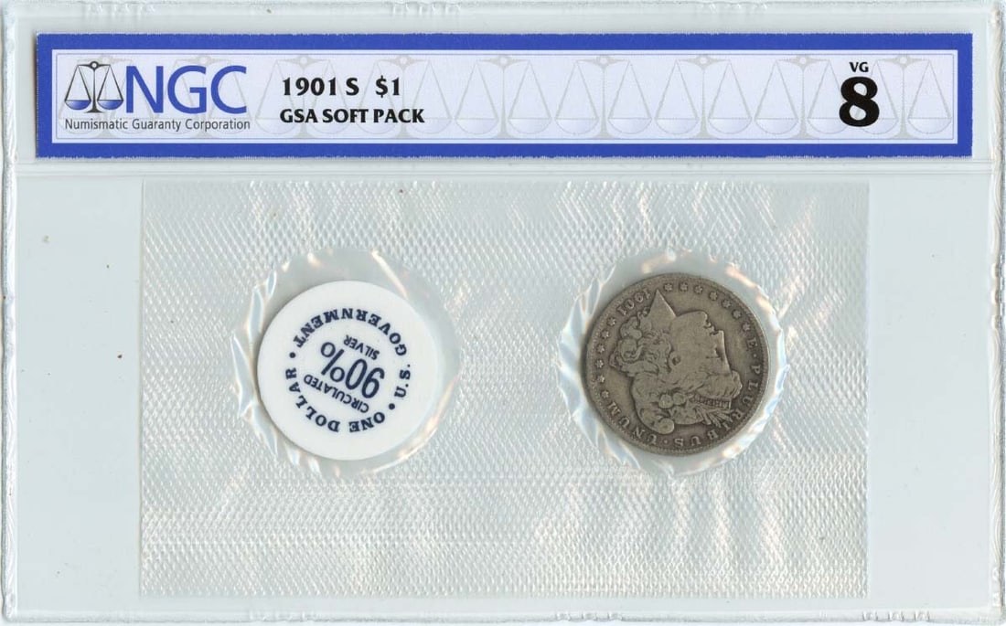 1901-S Morgan Dollar NGC VG8 GSA Soft Pack San Francisco: 1901-S Morgan Dollar NGC VG8 GSA Soft Pack San Francisco This 1901-S Morgan Dollar is certified by NGC with a grade of VG8, indicating it is in very good condition. Minted in San Francisco, this circu