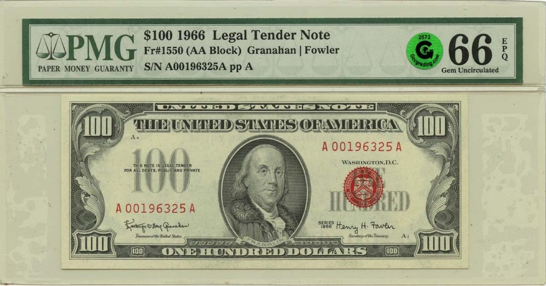 1966 $100 Legal Tender Note Red Seal PMG Gem66 EPQ (1 of 2)