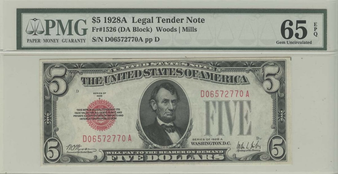 1928A $5 Legal Tender Note PMG 65 Gem Unc FR#1526: 1928A $5 Legal Tender Note PMG 65 Gem Unc FR#1526 This 1928A $5 Legal Tender Note is a remarkable piece of currency, graded PMG 65 Gem Uncirculated by Professional Grading Service. It features the des