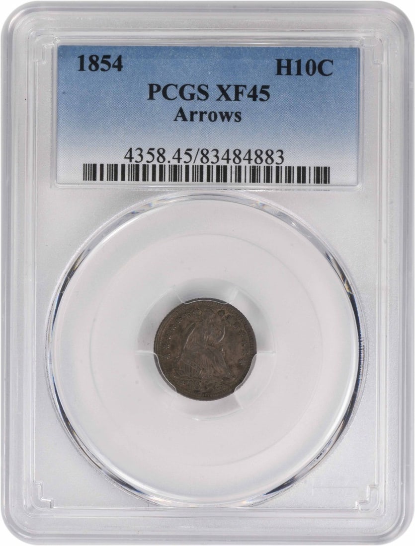 1854 Liberty Seated Half Dime Silver EF45 PCGS Certified: 1854 Liberty Seated Half Dime Silver EF45 PCGS Certified This 1854 Liberty Seated Silver Half Dime features an elegant design by Robert Ball Hughes and Christian Gobrecht. Struck at the Philadelphia m
