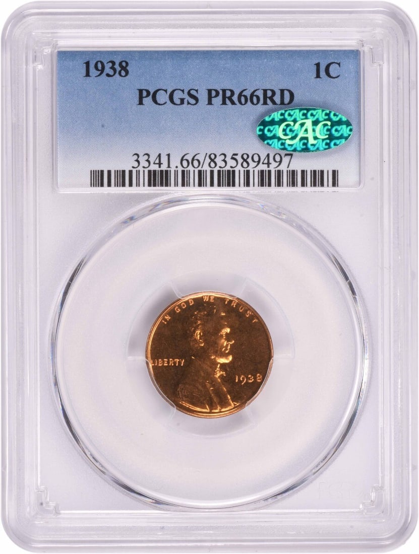 1938 Lincoln Cent PR66RD Copper Proof Coin CAC Certified: 1938 Lincoln Cent PR66RD Copper Proof Coin CAC Certified This 1938 Lincoln Cent is graded PR66RD by PCGS and features a stunning proof finish. Made of copper, it showcases the classic Lincoln Wheat de