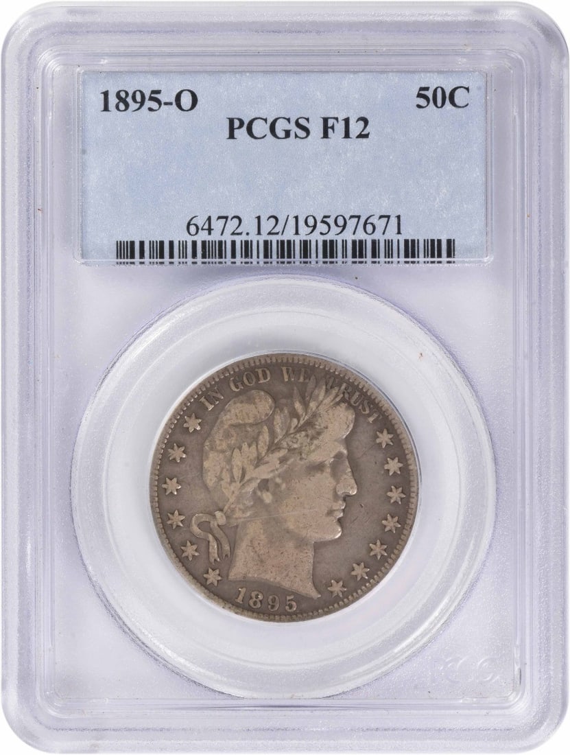 1895 New Orleans Barber Half Dollar 50C PCGS F12 Certified Silver Coin: 1895 New Orleans Barber Half Dollar 50C PCGS F12 Certified Silver Coin This 1895-O Barber Half Dollar is certified F12 by PCGS. Minted in New Orleans, it features a composition of 90% silver and 10% c