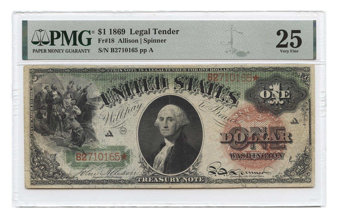 1869 $1 Legal Tender PMG VF25 Large Size Note with Signatures (1 of 2)