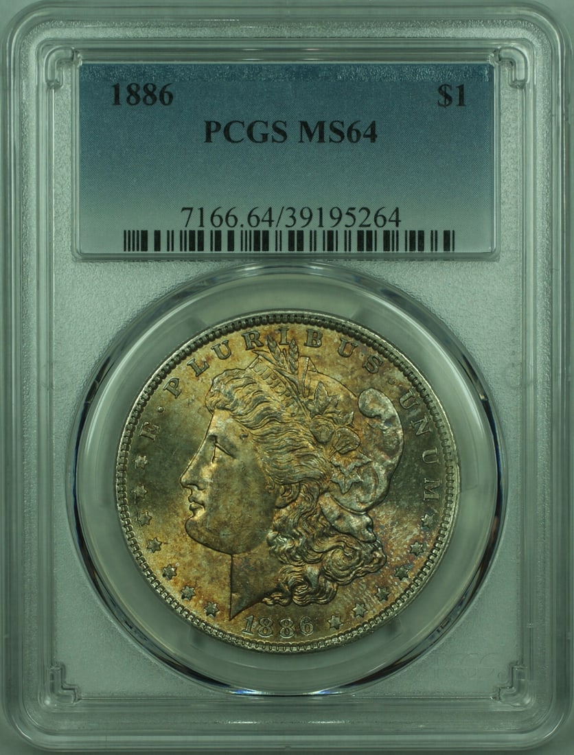 PCGS MS64 1886 Morgan Dollar Silver Coin Toned Philadelphia Mint: PCGS MS64 1886 Morgan Dollar Silver Coin Toned Philadelphia Mint This is an 1886 Morgan Silver Dollar $1 coin, certified by PCGS with a grade of MS-64. The coin is uncirculated and features attractive