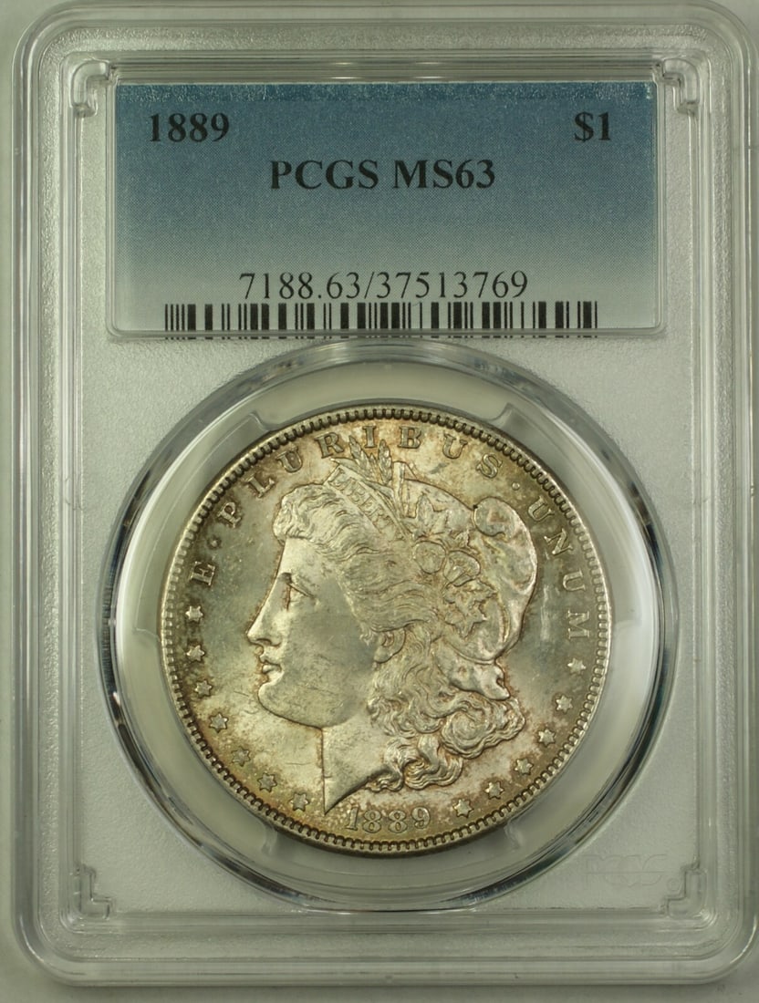 PCGS MS63 1889 Philadelphia Morgan Dollar Silver Coin with Light Toning: PCGS MS63 1889 Philadelphia Morgan Dollar Silver Coin with Light Toning This 1889 Morgan Silver Dollar features light toning and is graded MS-63 by PCGS. Minted in Philadelphia, it is composed of silv