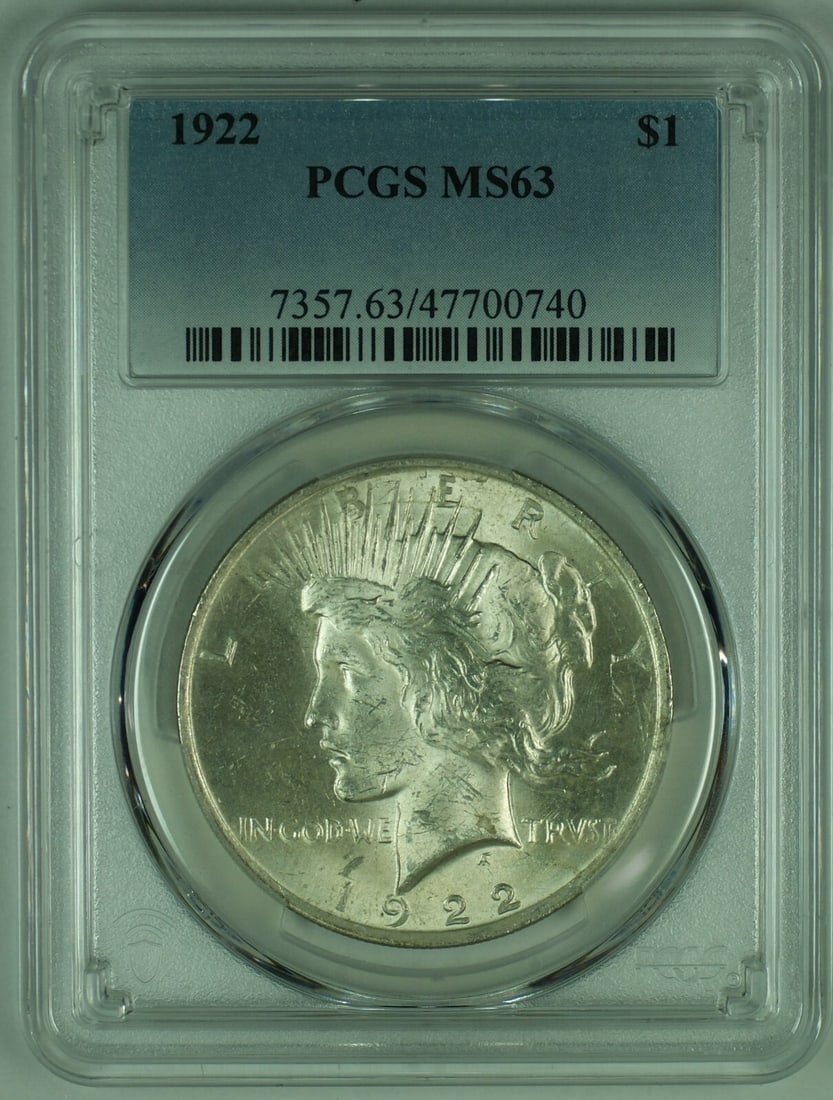 Set of 4 PCGS MS 63 1922 Silver Peace Dollar Coins: Set of 4 PCGS MS 63 1922 Silver Peace Dollar Coins This 1922 Peace Silver Dollar is an uncirculated coin from the United States, graded MS 63 by PCGS. It features the iconic Peace design and is compos