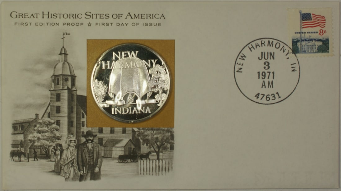 Proof Silver Medal First Day Cover 1971 New Harmony Indiana Historic Site (1 of 3)