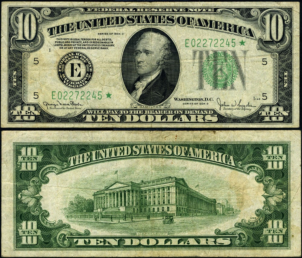 1934-D $10 Richmond Federal Reserve Star Note VF E Star Block (1 of 3)