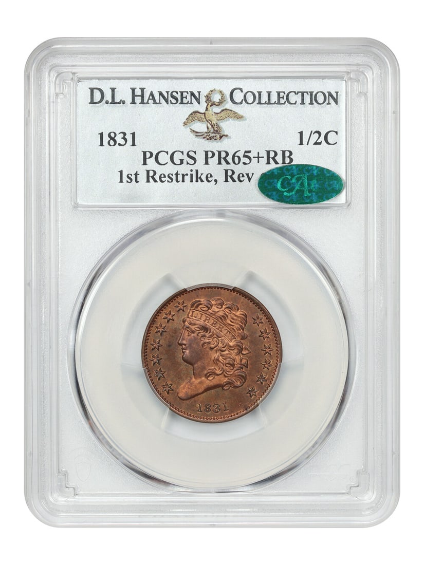 1831 1/2C PCGS PR65+RB First Restrike Classic Head Half Cent: 1831 1/2C PCGS PR65+RB First Restrike Classic Head Half Cent This stunning 1831 1/2C PCGS/CAC PR65+RB represents a remarkable example of the Classic Head Half Cent series. Likely coined in the 1850s,