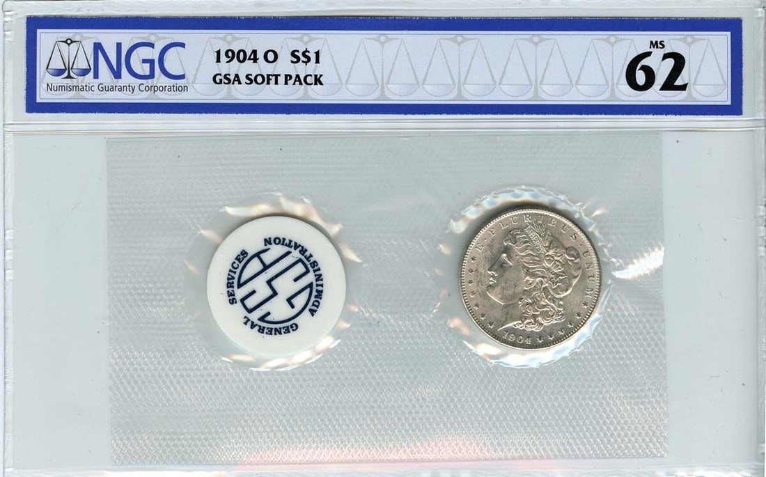 1904-O Morgan Dollar NGC MS62 Uncirculated Soft Pack: 1904-O Morgan Dollar NGC MS62 Uncirculated Soft Pack This 1904-O Morgan Dollar is a stunning example of American coinage, certified by NGC with a grade of MS62. Struck in New Orleans, this uncirculate