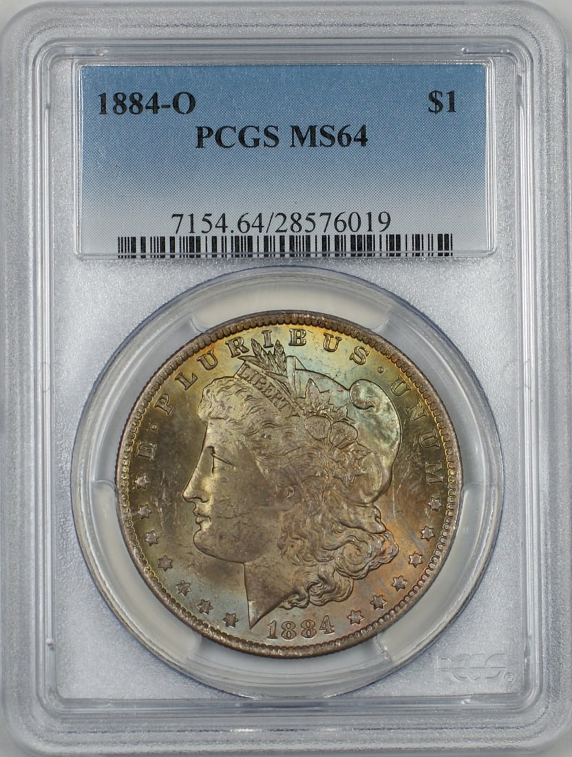 PCGS MS64 1884-O Morgan Dollar with Attractive Obverse Toning: PCGS MS64 1884-O Morgan Dollar with Attractive Obverse Toning This 1884-O Morgan Silver Dollar features a nicely toned obverse and is graded MS-64 by PCGS. Minted in New Orleans in 1884, this uncircul