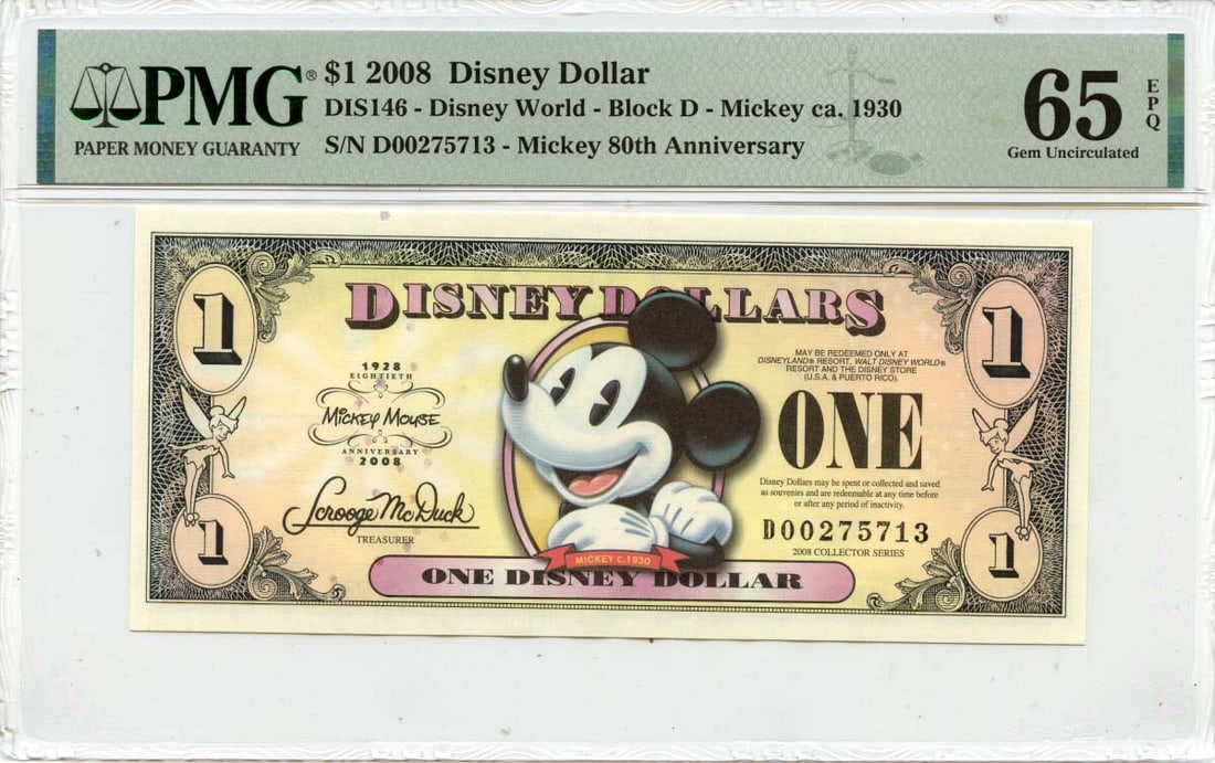 2008 Disney Dollar Mickey Mouse 80th Anniversary PMG GEM65: 2008 Disney Dollar Mickey Mouse 80th Anniversary PMG GEM65 Celebrate a piece of Disney history with this 2008 $1 Disney Dollar commemorating Mickey Mouse's 80th anniversary. Graded by PMG, this uncirc
