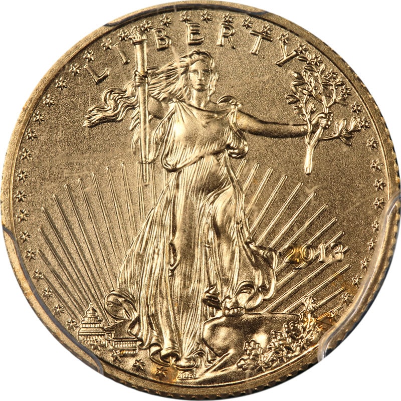 PCGS MS70 2013 $5 Gold Eagle Coin with Philip Diehl Signed Label: PCGS MS70 2013 $5 Gold Eagle Coin with Philip Diehl Signed Label This is an un-used 2013 Gold American Eagle $5 coin graded MS70 by PCGS, featuring the autograph label of Philip Diehl. It is composed