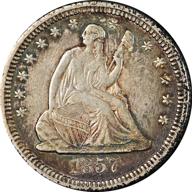 1857-O Seated Liberty Quarter Choice XF Silver Coin Uncertified: 1857-O Seated Liberty Quarter Choice XF Silver Coin Uncertified This 1857-O Seated Liberty Quarter is a remarkable piece with nice eye appeal and a strong strike. Its surfaces exhibit attractive color