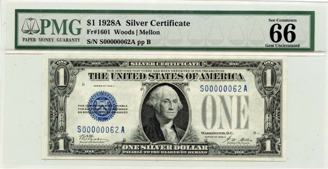 PMG Gem 66 EPQ 1928A $1 Silver Certificate Fr# 1601 Two Digit: PMG Gem 66 EPQ 1928A $1 Silver Certificate Fr# 1601 Two Digit This 1928A $1 Silver Certificate, cataloged as Fr# 1601, is graded PMG Gem66 EPQ and remains in uncirculated condition. The note features
