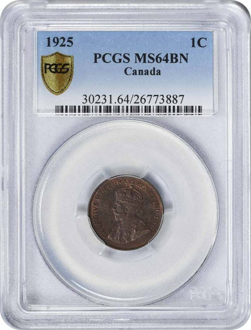 1925 Canada Cent MS64 Uncirculated Certified by PCGS: 1925 Canada Cent MS64 Uncirculated Certified by PCGS This 1925 Canada Cent is graded MS64 by PCGS, indicating it is in uncirculated condition. The coin showcases remarkable detail and quality, making