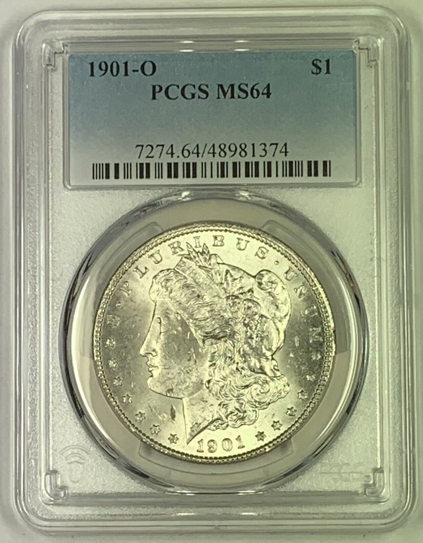 PCGS MS 64 1901-O Morgan Silver Dollar Uncirculated $1 Coin: PCGS MS 64 1901-O Morgan Silver Dollar Uncirculated $1 Coin This is a 1901-O Morgan Silver Dollar coin, certified by PCGS with a grade of MS 64. The coin is uncirculated and composed of silver, origin