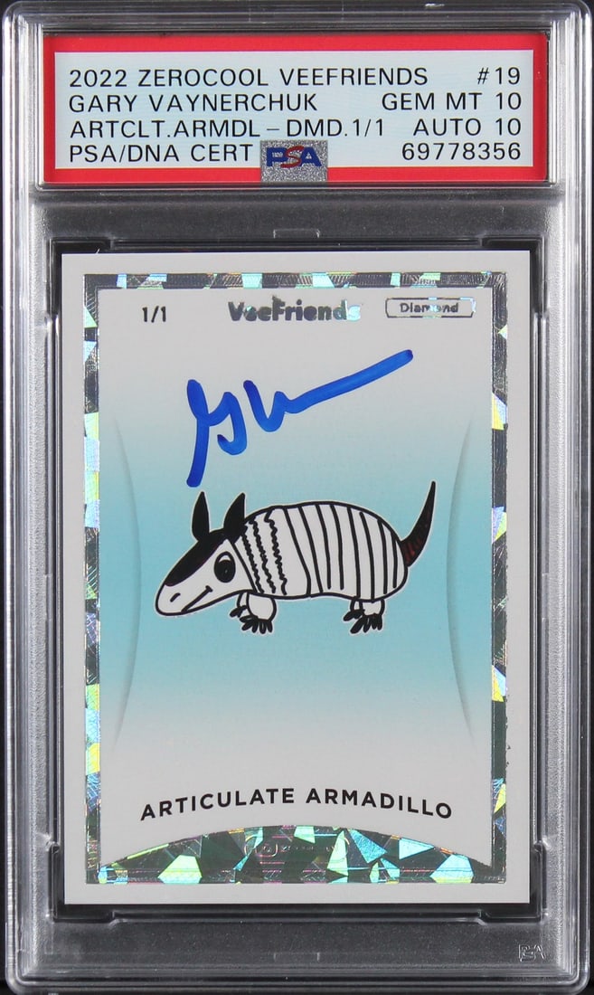 Gary Vaynerchuck Signed 2022 Peaceful Armadillo Diamond 1/1 Card PSA Gem Mint 10: Gary Vaynerchuck Signed 2022 Peaceful Armadillo Diamond 1/1 Card PSA Gem Mint 10 This is a rare 2022 Peaceful Armadillo Diamond 1/1 #19 card, personally signed by Gary Vaynerchuck. The card has been g