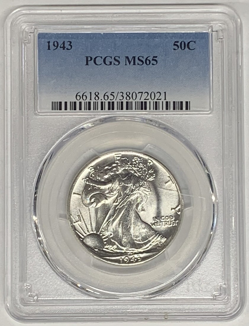 PCGS MS 65 1943 Liberty Walking Half Dollar 50C Uncirculated Coin: PCGS MS 65 1943 Liberty Walking Half Dollar 50C Uncirculated Coin This 1943 Walking Liberty Half Dollar is a 50-cent coin from the United States, certified by PCGS with a grade of MS 65. It is an unci