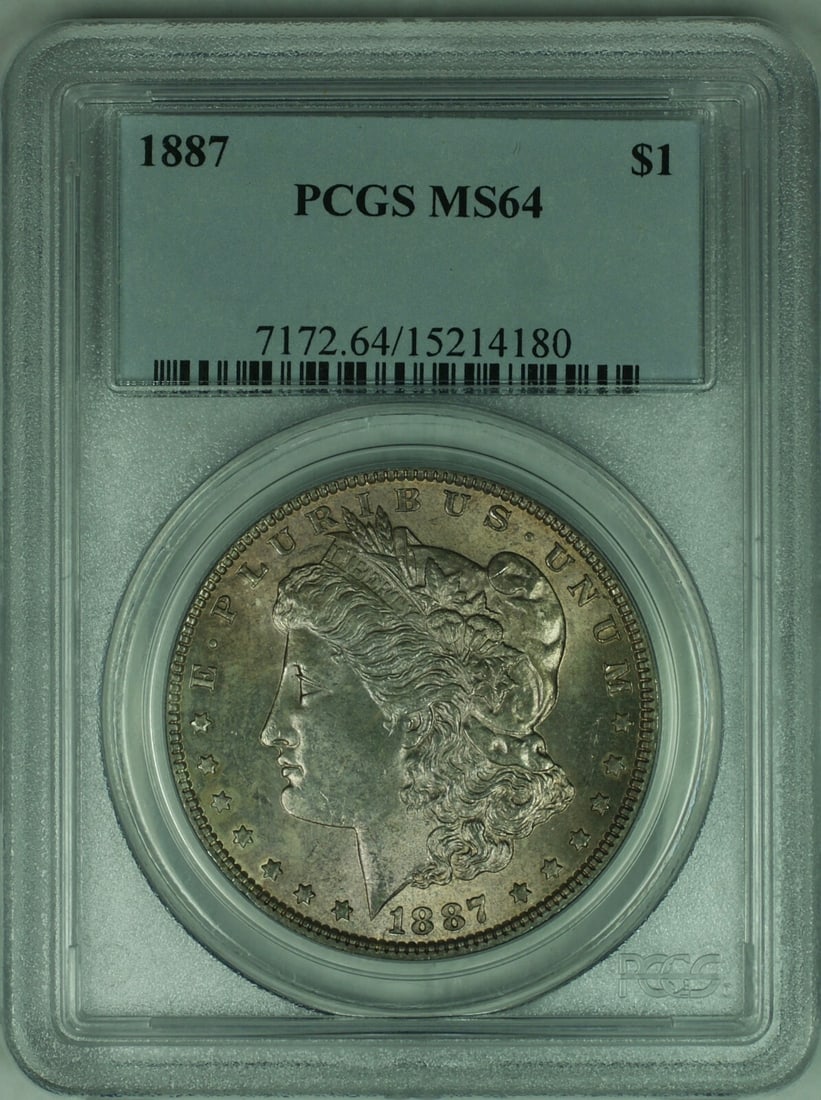 PCGS MS64 1887 Morgan Dollar Silver Coin Toned Obverse Philadelphia Mint: PCGS MS64 1887 Morgan Dollar Silver Coin Toned Obverse Philadelphia Mint This 1887 Morgan Silver Dollar coin features a toned obverse and is certified by PCGS with a grade of MS64. Minted in Philadelp
