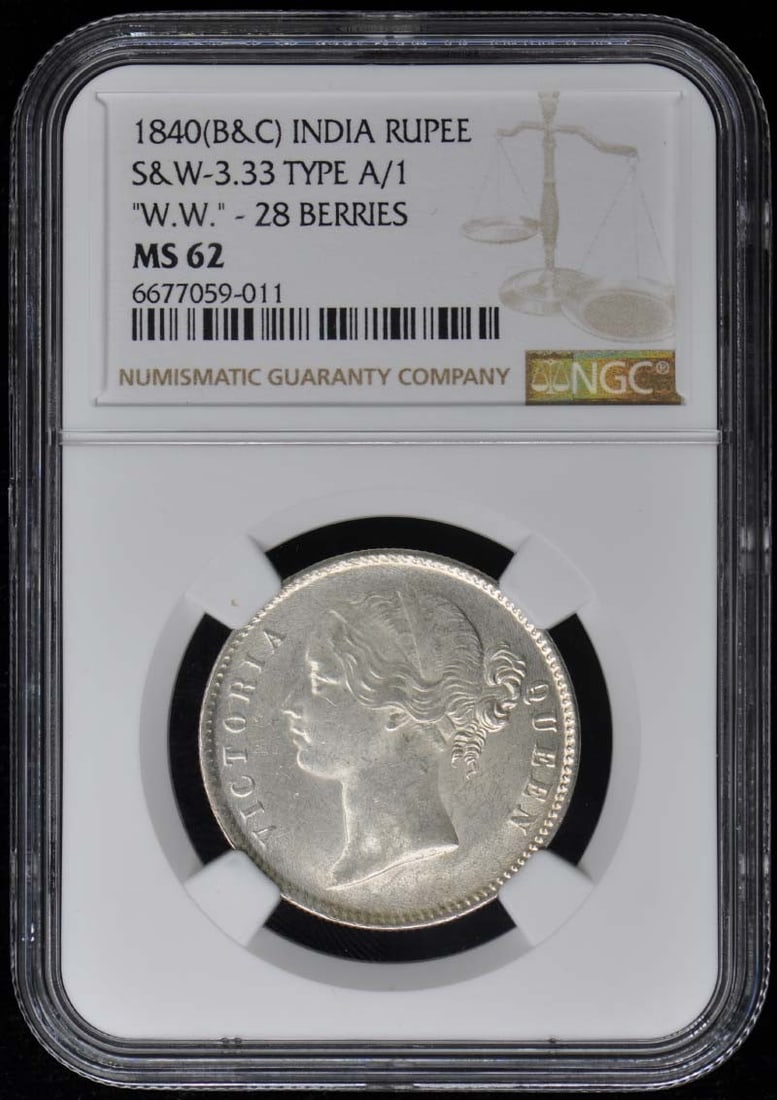 1840 B&C India Rupee MS62 NGC KM458 S&W-3.33 28 Berries: 1840 B&C India Rupee MS62 NGC KM458 S&W-3.33 28 Berries This exquisite 1840 B&C India Rupee is certified by NGC and boasts an impressive grade of MS62. The coin is in uncirculated condition, showcasin