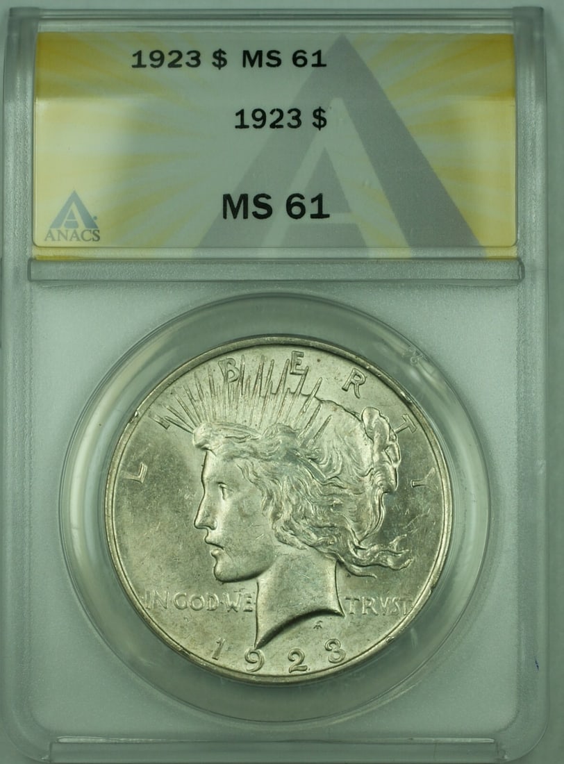 ANACS MS-61 1923 Peace Dollar Silver Coin Uncirculated Philadelphia Mint: ANACS MS-61 1923 Peace Dollar Silver Coin Uncirculated Philadelphia Mint This is a 1923 Peace Silver Dollar $1 coin from the United States, certified by ANACS with a grade of MS 61. Minted in Philadel
