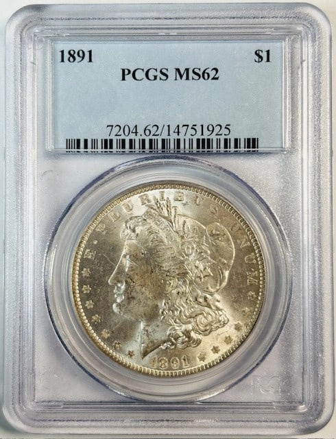 PCGS MS62 1891 Philadelphia Morgan Dollar Silver Coin: PCGS MS62 1891 Philadelphia Morgan Dollar Silver Coin This is an 1891 Morgan Silver Dollar, certified by PCGS with a grade of MS 62. The coin is uncirculated and originates from the Philadelphia Mint