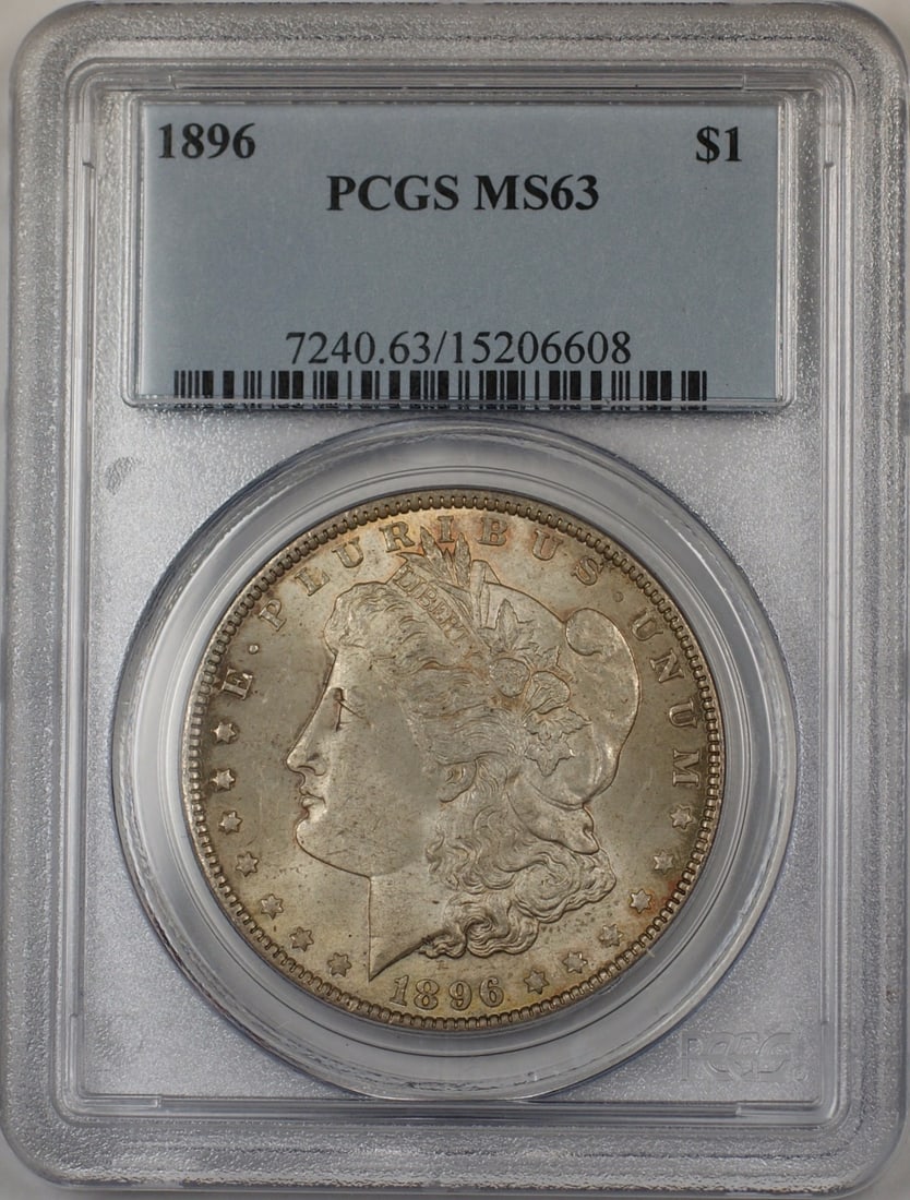 PCGS MS-63 1896 Silver Morgan Dollar Uncirculated Philadelphia Toned Coin: PCGS MS-63 1896 Silver Morgan Dollar Uncirculated Philadelphia Toned Coin This is a 1896 Morgan Silver Dollar $1 coin graded MS-63 by PCGS. The coin was minted in Philadelphia and is composed of silve