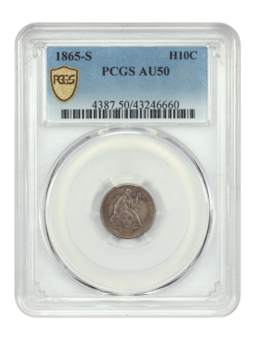 1865 San Francisco Liberty Seated Half Dime PCGS AU50 Certified: 1865 San Francisco Liberty Seated Half Dime PCGS AU50 Certified This 1865-S Liberty Seated Half Dime is a San Francisco mint issue from the Civil War era, with a low mintage of only 120,000 coins. Cer