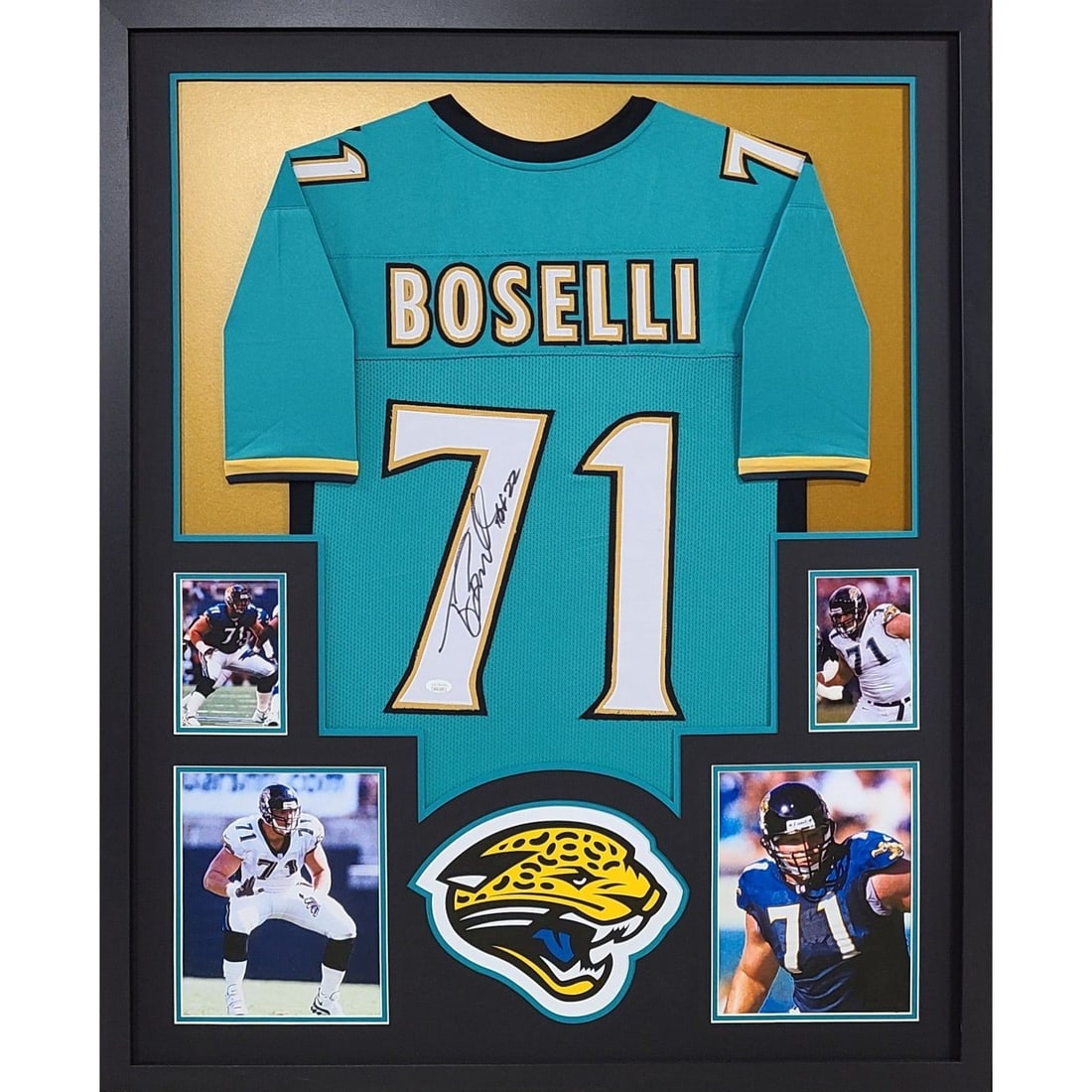 Tony Boselli Signed Framed Jersey JSA Jacksonville Jaguars 42x34: Tony Boselli Signed Framed Jersey JSA Jacksonville Jaguars 42x34 This is an autographed Tony Boselli framed jersey, featuring the authentic signature of the former Jacksonville Jaguars player. The jer