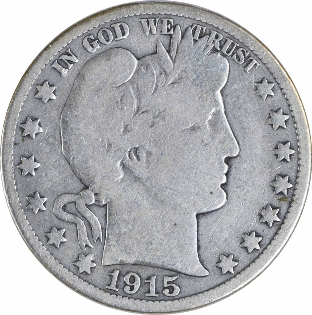 1915 Barber Silver Half Dollar 50C Uncertified Philadelphia Mint: 1915 Barber Silver Half Dollar 50C Uncertified Philadelphia Mint This 1915 Barber Silver Half Dollar, representing a significant piece of American numismatic history, is a circulated coin in very good