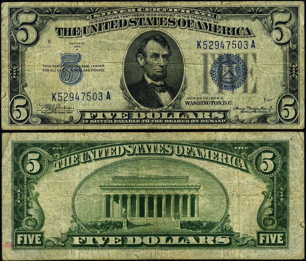 1934-A $5 Silver Certificate K-A Block Non-Mule FR. 1651 Fine Grade Note (1 of 3)