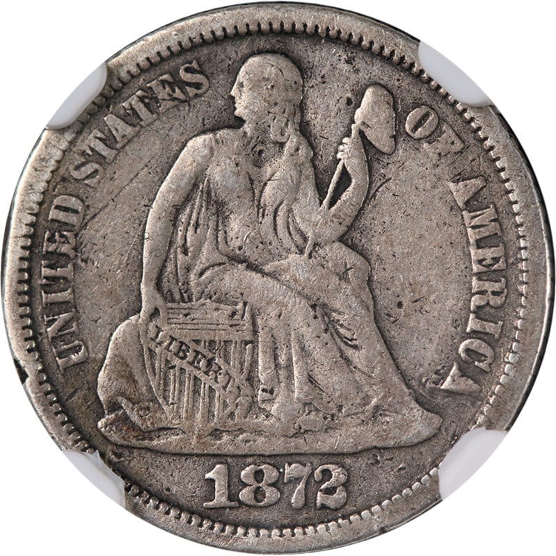 1872-CC Seated Liberty Dime NGC VF Details Key Date Silver Coin: 1872-CC Seated Liberty Dime NGC VF Details Key Date Silver Coin This 1872-CC Seated Liberty Dime is a key date coin with decent eye appeal and a nice strike. Graded by NGC as VF Details, this circulat