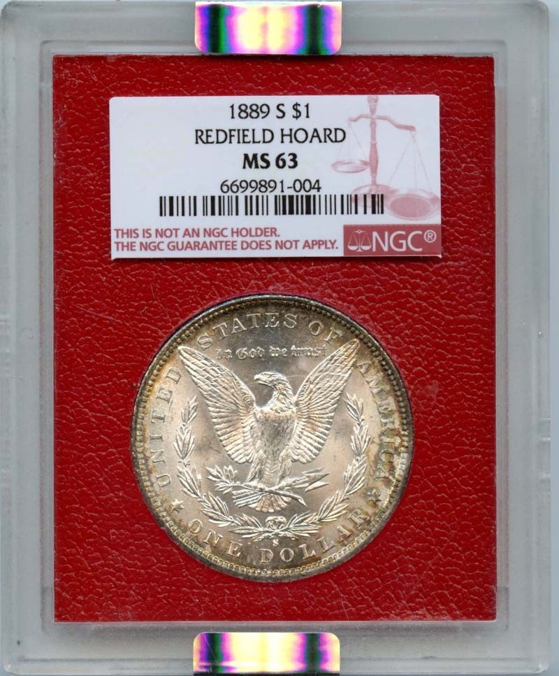 1889 S Morgan Dollar NGC MS63 Redfield Hoard Certified: 1889 S Morgan Dollar NGC MS63 Redfield Hoard Certified This 1889 S Morgan Dollar is a stunning piece from the Redfield Hoard, certified by NGC with a grade of MS63. Minted in San Francisco, this uncir