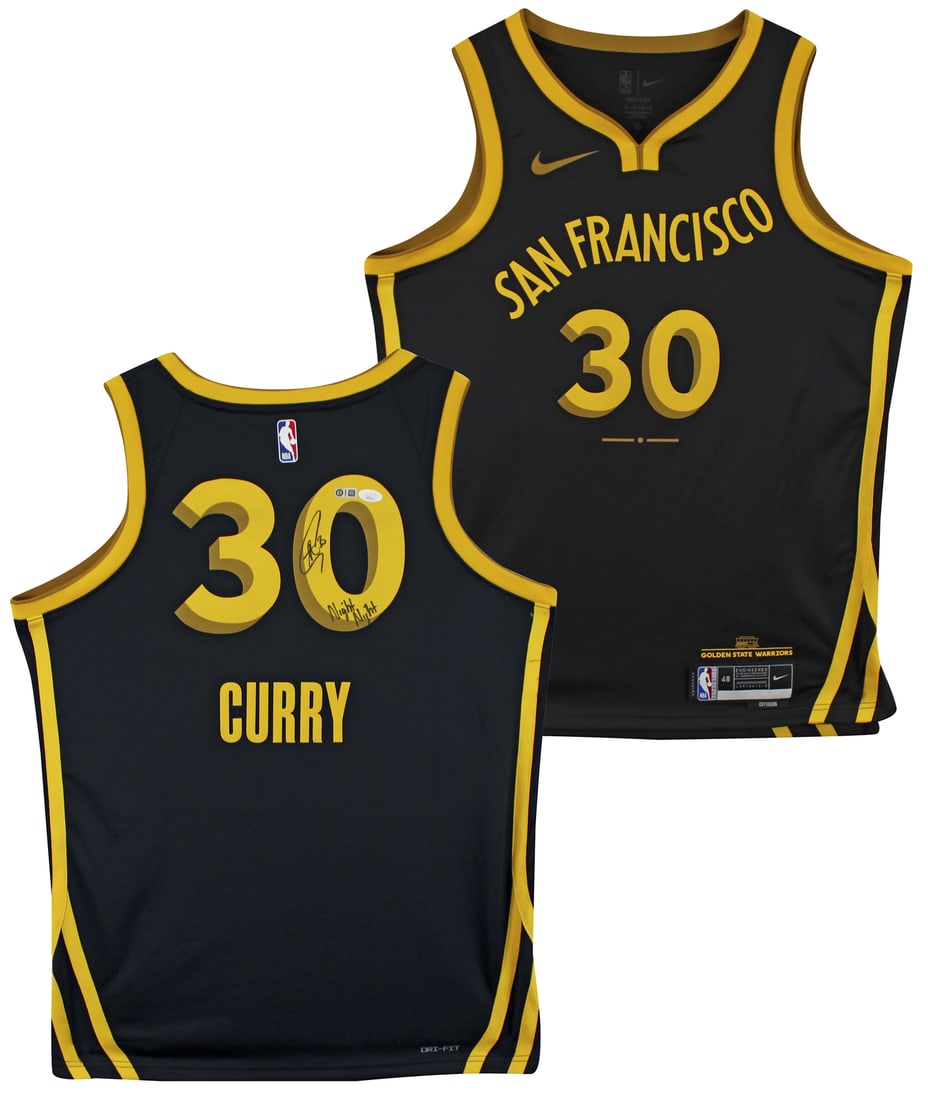 Stephen Curry Signed Black Nike 2023 City Jersey with Night Night Inscription JSA: Stephen Curry Signed Black Nike 2023 City Jersey with Night Night Inscription JSA This original autographed black Nike 2023 City Edition Swingman jersey features the inscription "Night Night" and has