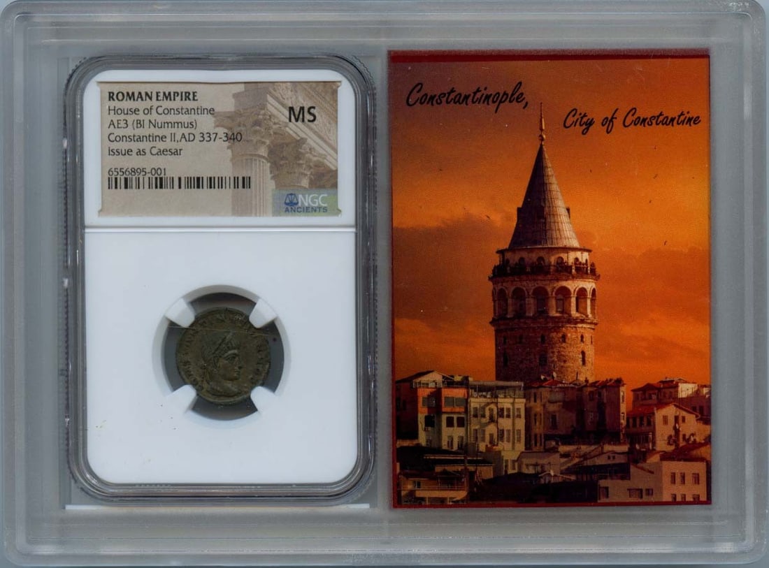 NGC Certified House of Constantine Roman Empire AE3 Coin MS60: NGC Certified House of Constantine Roman Empire AE3 Coin MS60 This Ancient Roman AE3 (BI Nummus) coin features a grade of MS60 as certified by NGC. The coin is a remarkable collectible, showcasing the