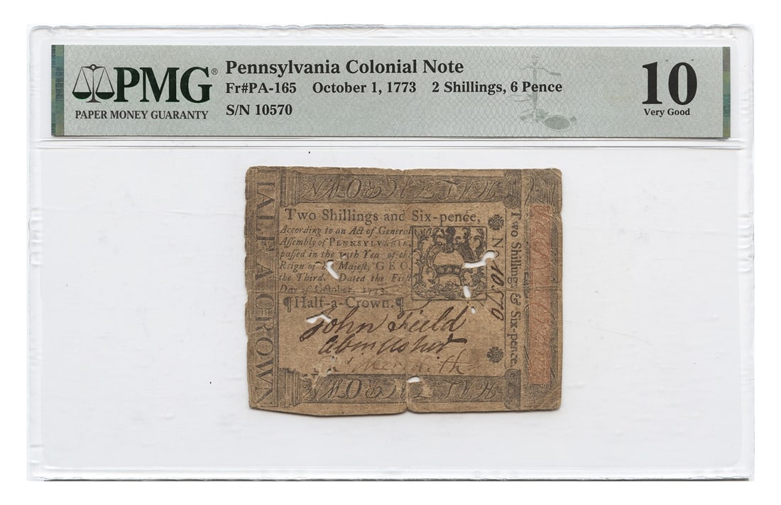 1773 Pennsylvania Colonial Currency 2 Shillings 6 Pence PMG Certified (1 of 2)