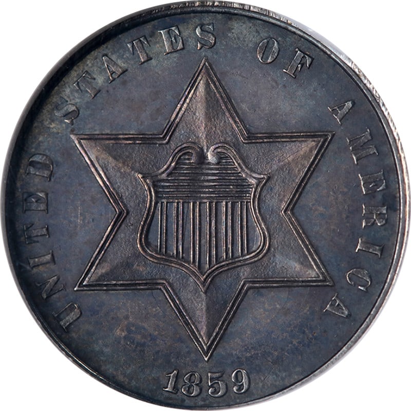 1859 Silver Three Cent Proof Coin NGC PF64 with Strong Luster and Strike: 1859 Silver Three Cent Proof Coin NGC PF64 with Strong Luster and Strike This 1859 Three Cent Silver coin is a proof issue graded PF64 by NGC. It features nice luster, a strong strike, and appealing s