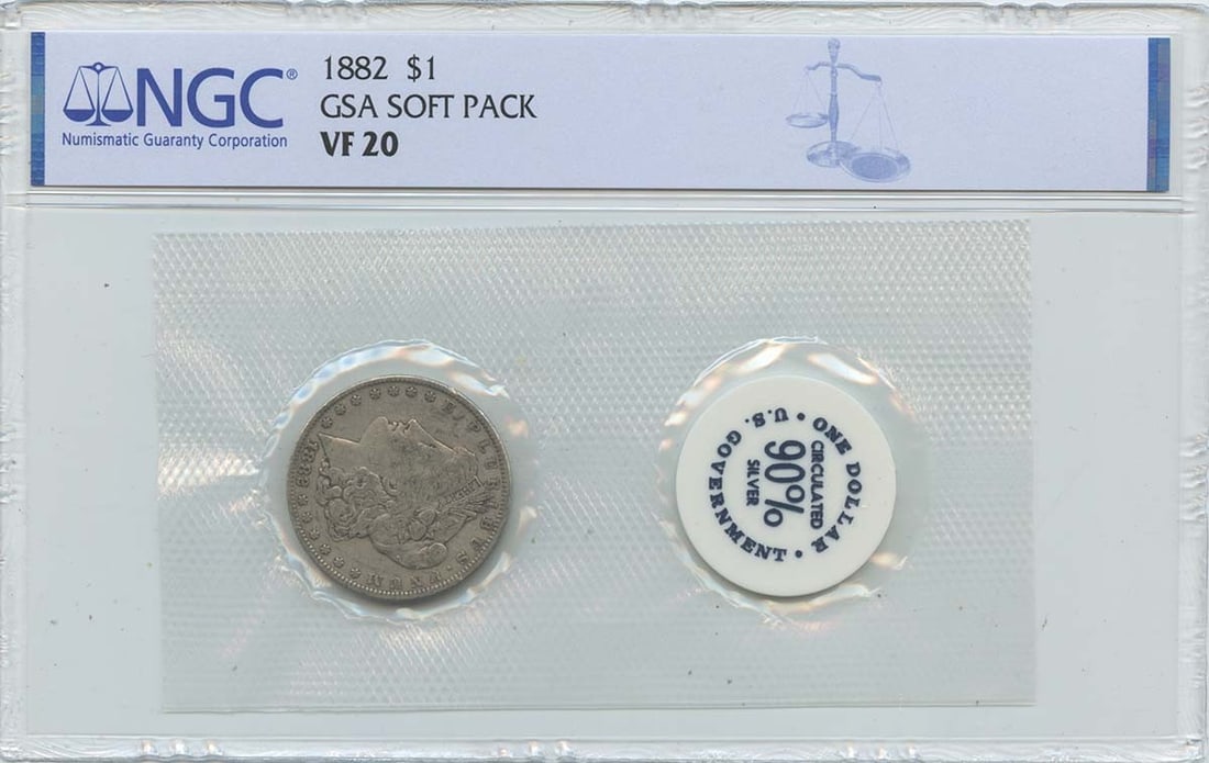 NGC VF20 1882 Morgan Dollar Philadelphia GSA Soft Pack: NGC VF20 1882 Morgan Dollar Philadelphia GSA Soft Pack This 1882 Morgan Dollar is graded VF20 by NGC and comes in a GSA soft pack. It was minted in Philadelphia and is a circulated, pre-owned coin. Sp
