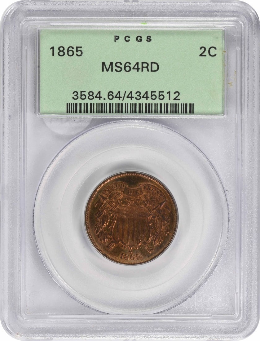 1865 Uncirculated Two Cent Piece MS64RD PCGS Certified: 1865 Uncirculated Two Cent Piece MS64RD PCGS Certified This 1865 Two Cent Piece is a stunning example of numismatic history, graded MS64RD by PCGS. It is in uncirculated condition, showcasing the exqu