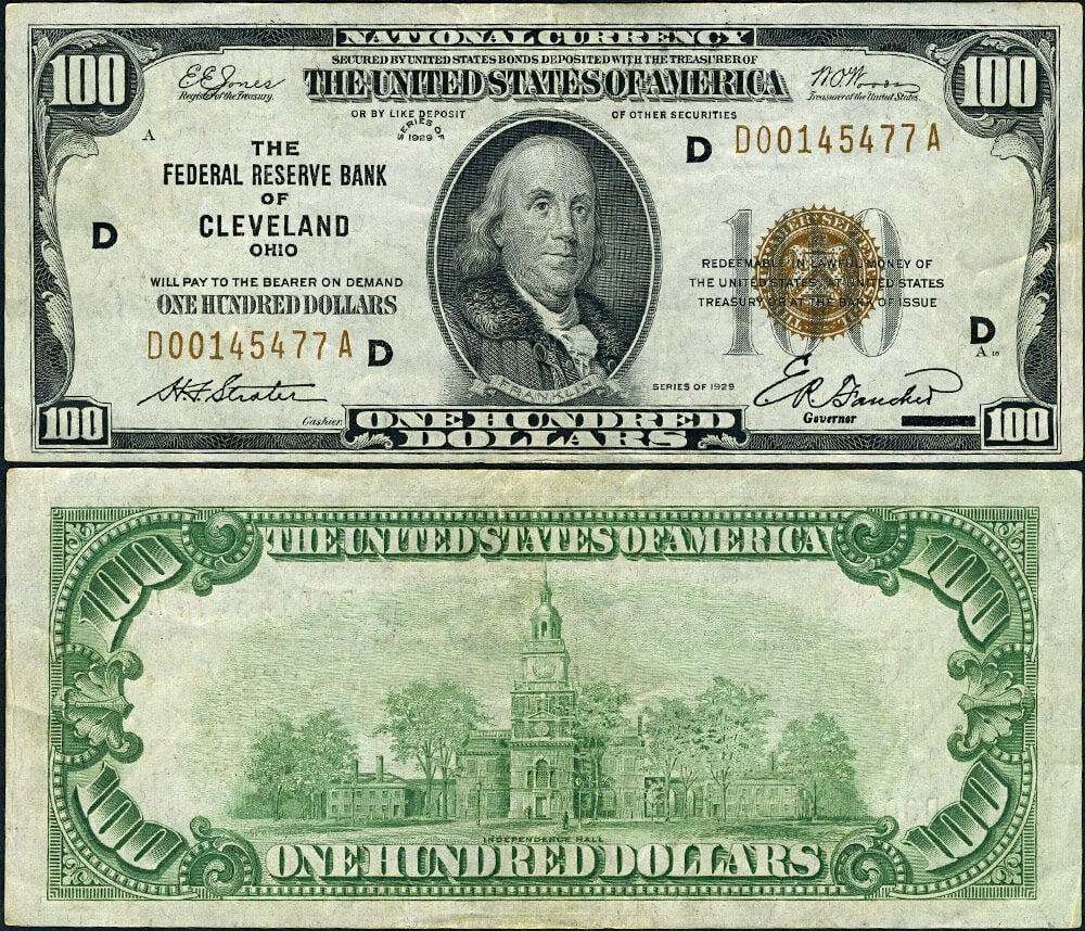 1929 $100 Federal Reserve Note Cleveland D-A Block Circulated XF: 1929 $100 Federal Reserve Note Cleveland D-A Block Circulated XF This is a circulated $100 Federal Reserve Bank Note from 1929, designated as FR. 1890 D, originating from Cleveland. The note features