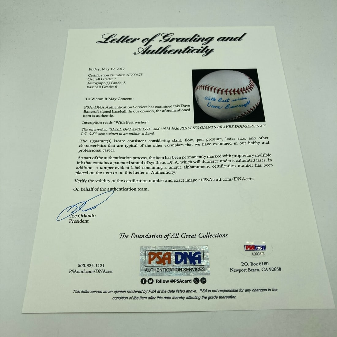 Dave Bancroft Signed Baseball with PSA JSA Authentication - 3
