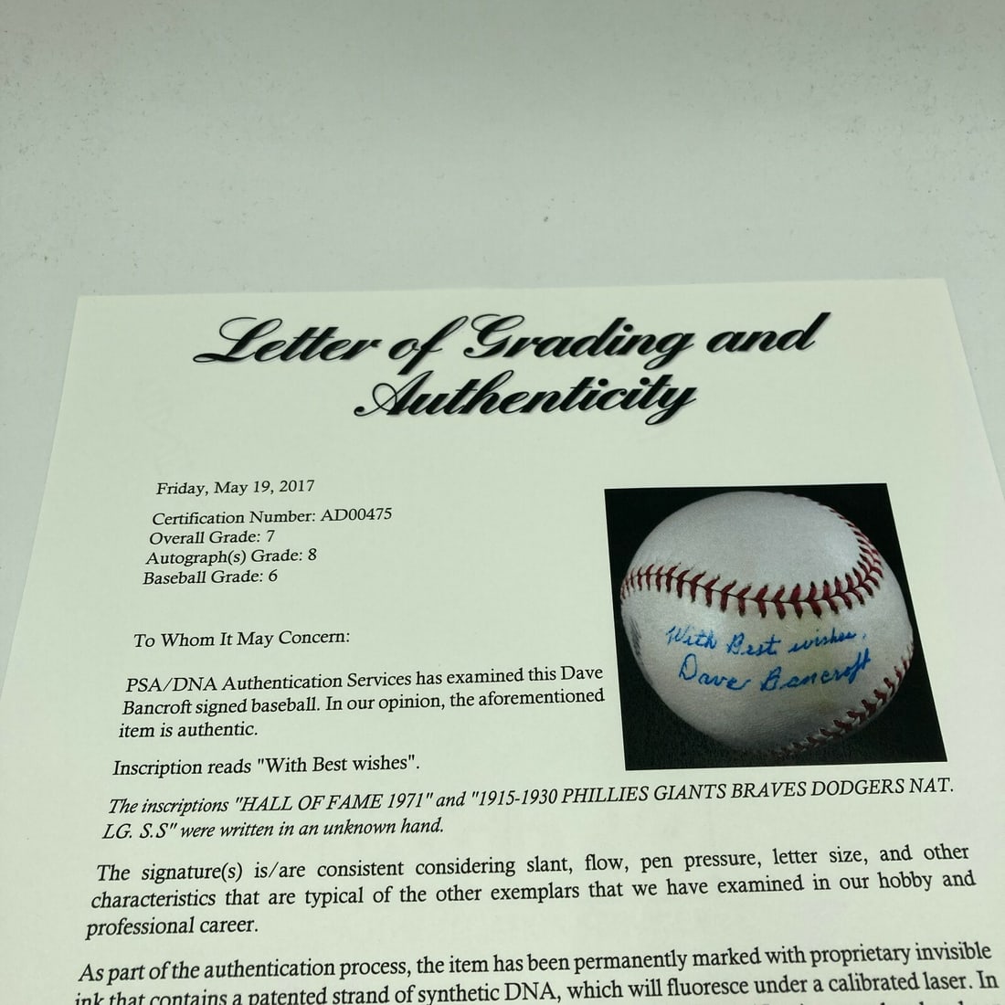 Dave Bancroft Signed Baseball with PSA JSA Authentication - 4