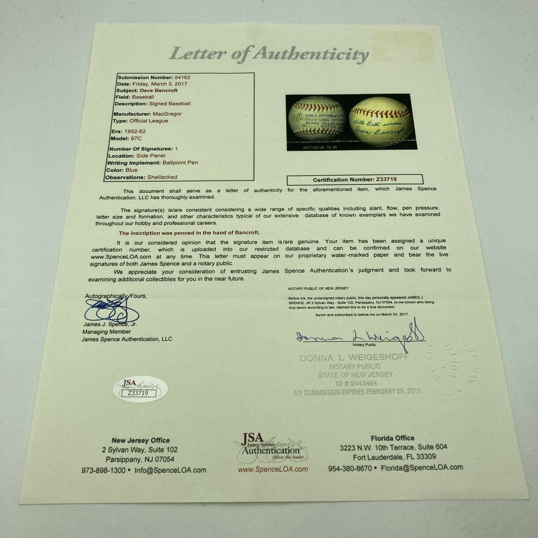 Dave Bancroft Signed Baseball with PSA JSA Authentication - 5