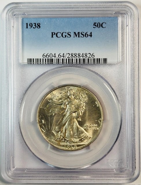 1938 Philadelphia Silver Half Dollar Graded MS64 by PCGS: 1938 Philadelphia Silver Half Dollar Graded MS64 by PCGS This 1938 Walking Liberty Half Dollar is graded MS-64 by PCGS, indicating its uncirculated condition. Minted in Philadelphia, it is composed