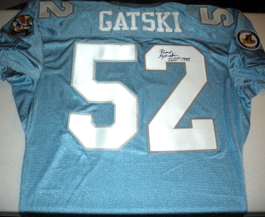 Frank Gatski Signed Detroit Lions Jersey with COA: Frank Gatski Signed Detroit Lions Jersey with COA Celebrate the legacy of the Detroit Lions with this officially licensed Wilson jersey, signed by Frank Gatski. This original jersey is a must-have