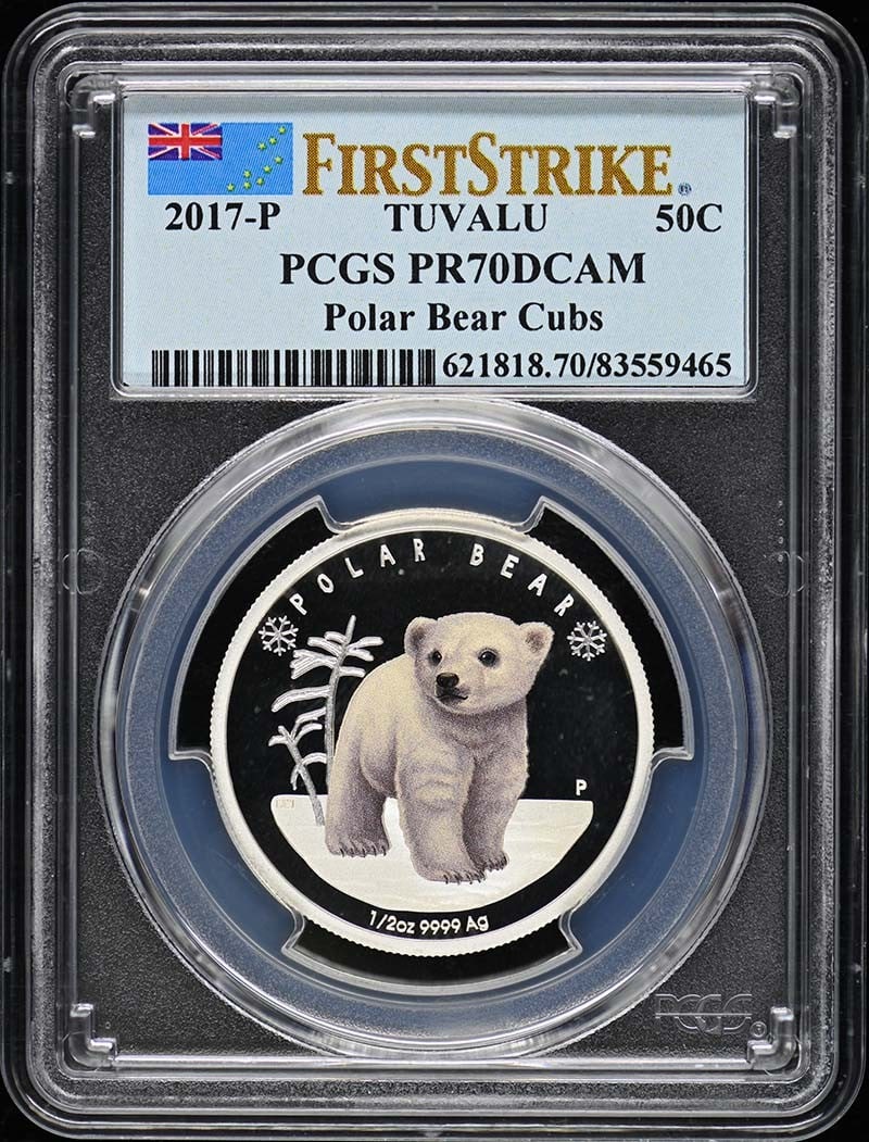 2017-P 50C Tuvalu Polar Bear Cubs Coin PCGS MS70 Uncirculated: 2017-P 50C Tuvalu Polar Bear Cubs Coin PCGS MS70 Uncirculated This 2017-P 50C Tuvalu Polar Bear Cubs coin features a stunning uncirculated finish, certified by PCGS with an impressive grade of MS70.